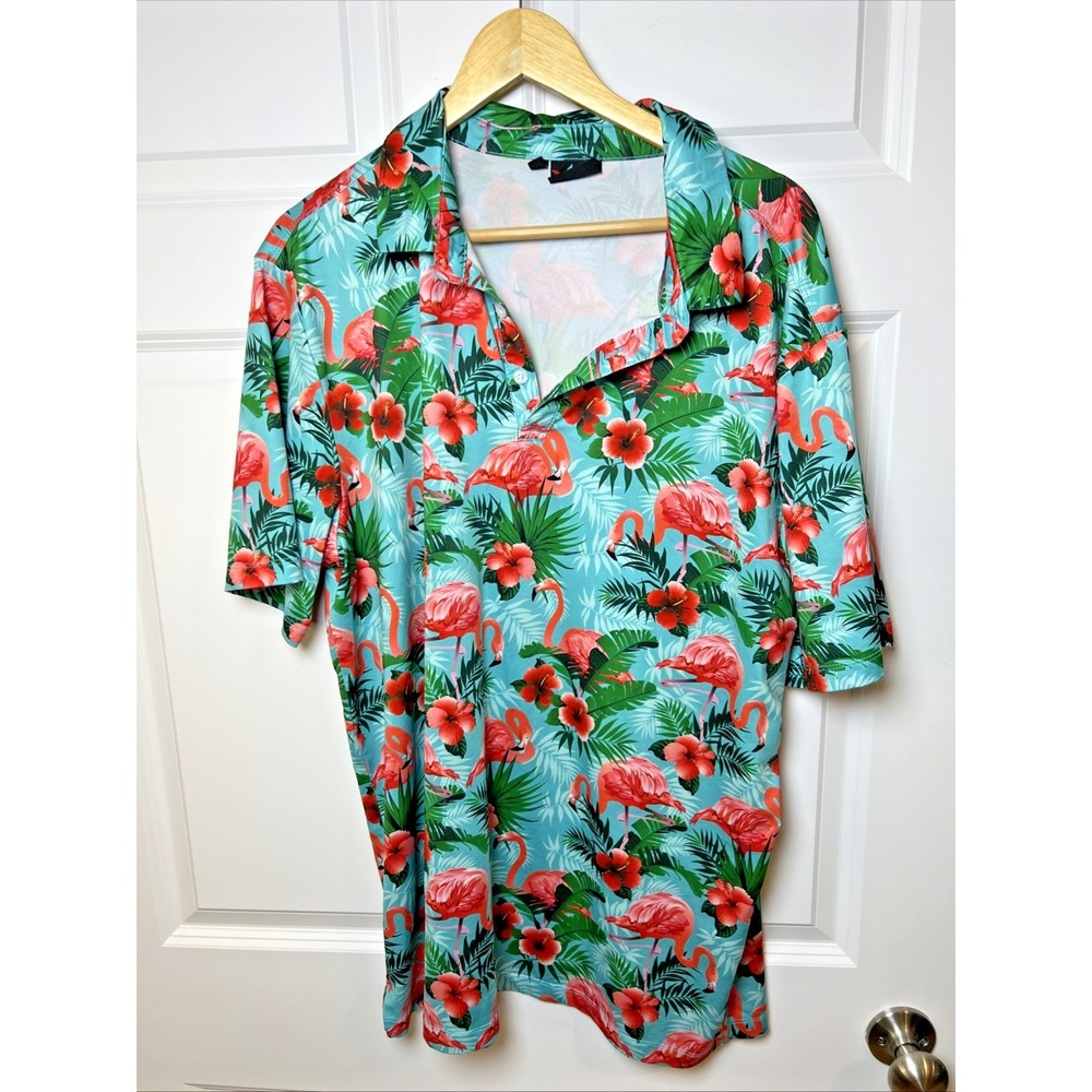 Yatta Golf Flamingo Hibiscus Polo XXL Stretch Shirt Tropical Print Performance - Picture 1 of 9